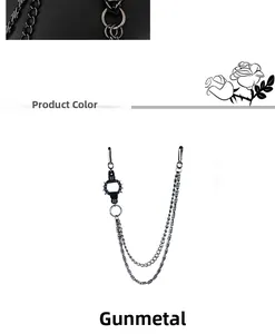Detail view of double-layered gunmetal punk pants chain with spiked ring and metal swivel clasps