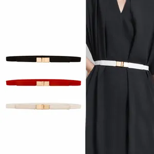Women Thin Elastic Belt With Simple Square Alloy Buckle Retro Stretch Waistband For Dresses Skirts Fashion Accessories