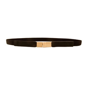 Women's black elastic waist belt featuring a classic square gold metal buckle closure