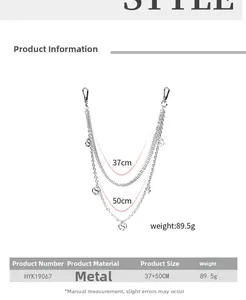 Chaîne de pantalon double en métal argenté avec pendentif lettre S et fermoir mousqueton