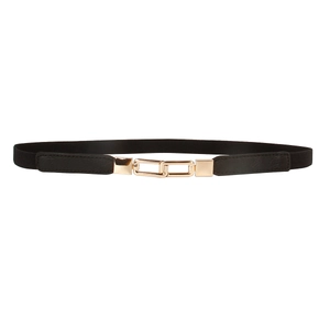 Elastic black waist belt for women with elegant interlocking gold metal buckle