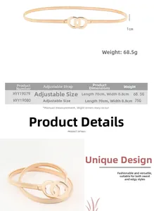 Detailed specs of gold elastic metal belt with double ring buckle and dimensions