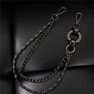 Detail of gunmetal punk hip-hop multi-layer wallet chain with metal spiked ring and lobster clasps