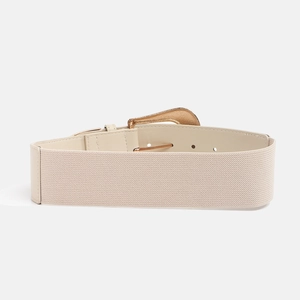 Close-up of beige elastic wide belt with a stylish gold textured metal buckle detail