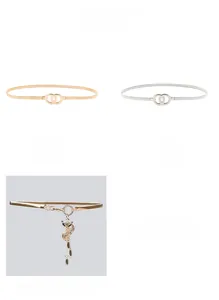 Chic women's gold and silver elastic metal belts with double ring buckle and fox pendant