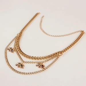 Three-layer golden metal waist chain featuring multiple elephant pendants and lobster clasp