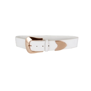 Close-up of white elastic waist belt featuring a large polished gold metal buckle and studs