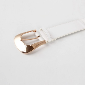 Versatile white PU leather elastic waist belt with a large polished gold metal buckle for women
