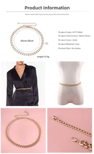 Detailed view of golden double-layer metal chain belt with lobster clasp and sizing specs
