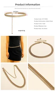 Detail view of double-layered gold metal waist chain with ball pendant and texture