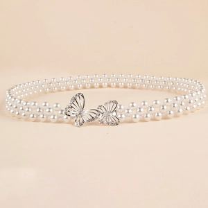 Elegante cintura in perle bianche a tre file con fibbia a farfalla in strass