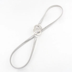 Detailed close-up of silver elastic metal waist belt with interlocking double O-ring buckle