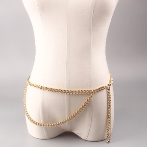 Chic layered gold metal waist chain belt with flat curb links and spherical pendants