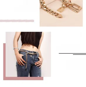 Detail of gold Cuban link waist chain featuring a heart padlock pendant and adjustable clasp