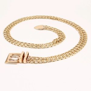 Double-layered gold metal chain belt with square buckle and polished mirror finish
