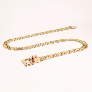 Women's gold double chain waist belt with rectangular buckle and heart pendant