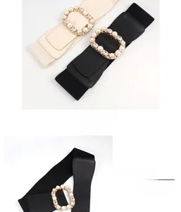 Detailed view of elastic waist belt with large oval buckle featuring rhinestones and pearls