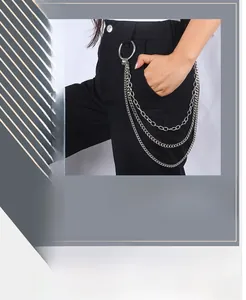 Detailed view of silver triple-layered metal hip-hop trouser chain with snap hooks