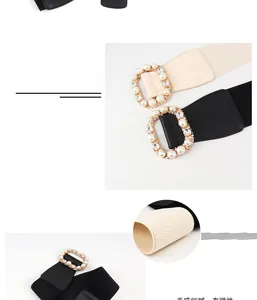 Macro view of elastic waist belt featuring square alloy buckle with pearls and rhinestones