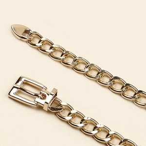 Detail of gold metal chain waist belt with rectangular pin buckle and polished finish