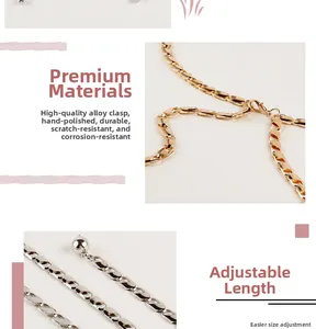 Détail de la ceinture chaîne de taille réglable en métal poli avec plaques ovales bicolores