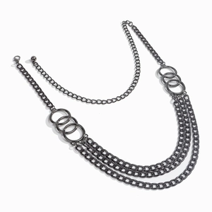Stylish multi-layer metal chain belt in gun black with interlocking rings for dresses