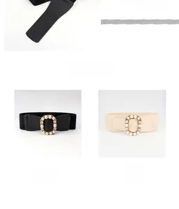 Detailed view of elastic waist belts featuring oval buckles with pearls and rhinestones