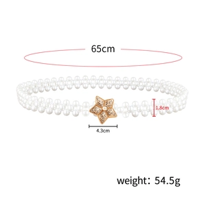 Detailed view of woven pearl belt with rhinestone star buckle and dimensions