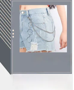 Detail of silver double-layered pants chain with metal rings for a punk denim look