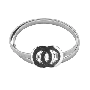 Silver elastic metal spring waist belt featuring double interlocking O-ring gold buckle