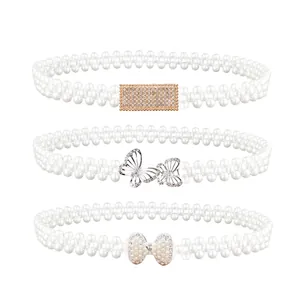 Ceinture trois rangs de perles pour femme avec boucle élégante en strass et nœud papillon