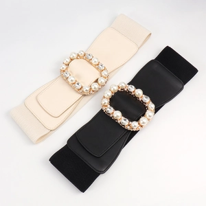 Elastic waist belt set with pearl rhinestone buckles in black and beige finishes