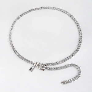 Silver Cuban link waist chain with square padlock pendant in industrial metal style