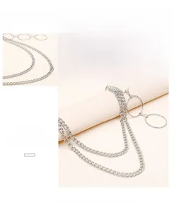 Detail of silver double layer trouser chain with metal rings and Cuban links style