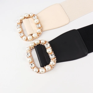 Elastic waist belts in black and beige with vintage rhinestone and pearl buckle
