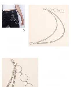 Detail of silver double-layer trousers chain with metal rings and 360-degree swivel hooks