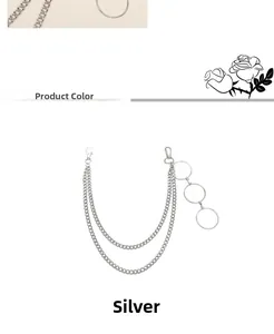 Detail of silver double layer trouser chain with circular rings and lobster clasps