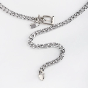 Silver metal waist chain with sleek flat links and a stylish padlock heart pendant detail