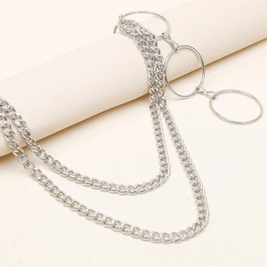 Silver double layer punk pant chain with metal rings for men's fashion jeans accessory