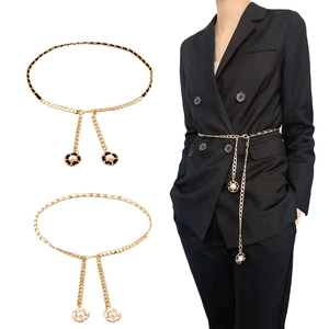 Women Elegant Gold Alloy Chain Belt Woven PU Leather Faux Artificial Pearl Camellia Pendant For Dress Party Jewelry Accessories