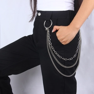 Multi-layer silver metal waist chain with round buckle for punk street style jeans