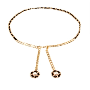 Elegant woven metal waist chain with black leather and pearl flower pendants