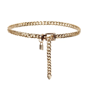 Golden chunky Cuban link waist chain belt featuring a square padlock heart pendant