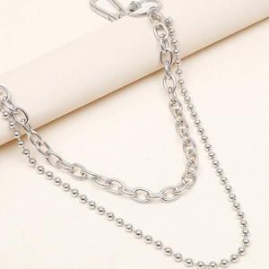 Silver double layer pants chain with bead and link strands for punk style accessories
