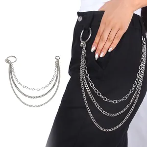 Punk Triple Layer Pants Chain For Men Women Multi-Layer Metal Waist Chain Hip Hop Streetwear Jeans Accessory Silver Tone