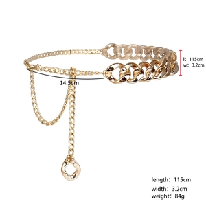 Detail view of a gold metal chain belt with circular links, tassel, and product dimensions