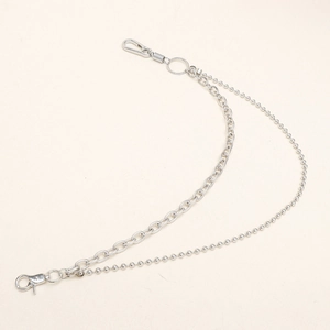 Detail view of double-layer punk waist chain with silver beads and lobster clasp hooks