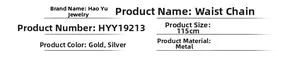 Specifications of 115cm chunky metal chain belt available in gold and silver finishes