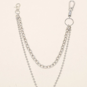 Close-up of double-layer silver beaded and oval link pants chain with spring rings