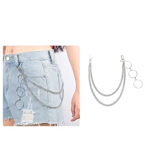 Men's Punk Double Layer Alloy Pant Chain Silver Color Round Ring Pendant Hip Hop Streetwear Wallet Belt Chain Jewelry